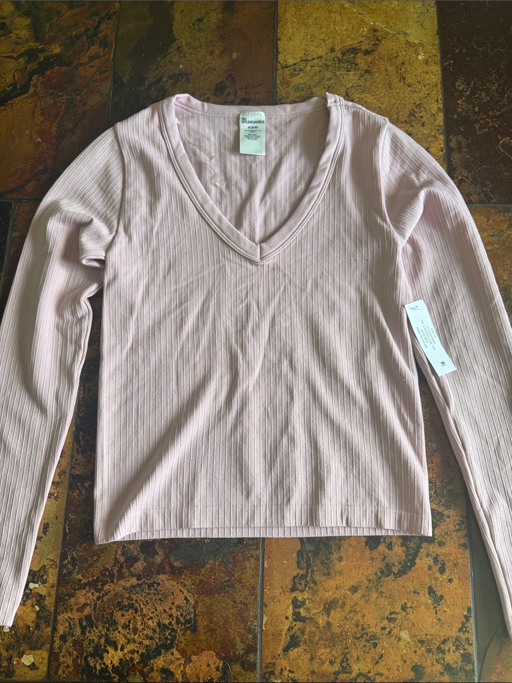 Light Pink Ribbed V-Neck Long Sleeve Top (1006)